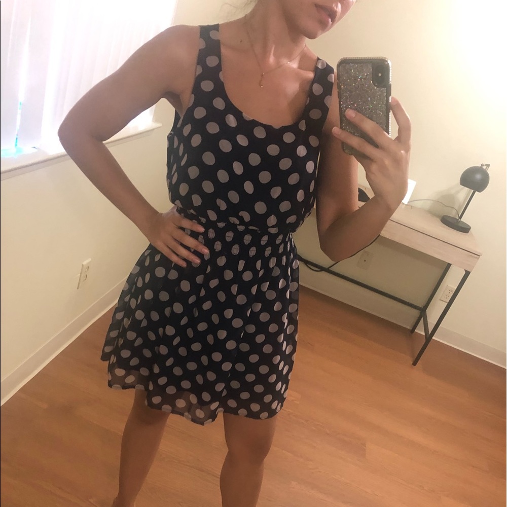 Polka dot dress navy/tan